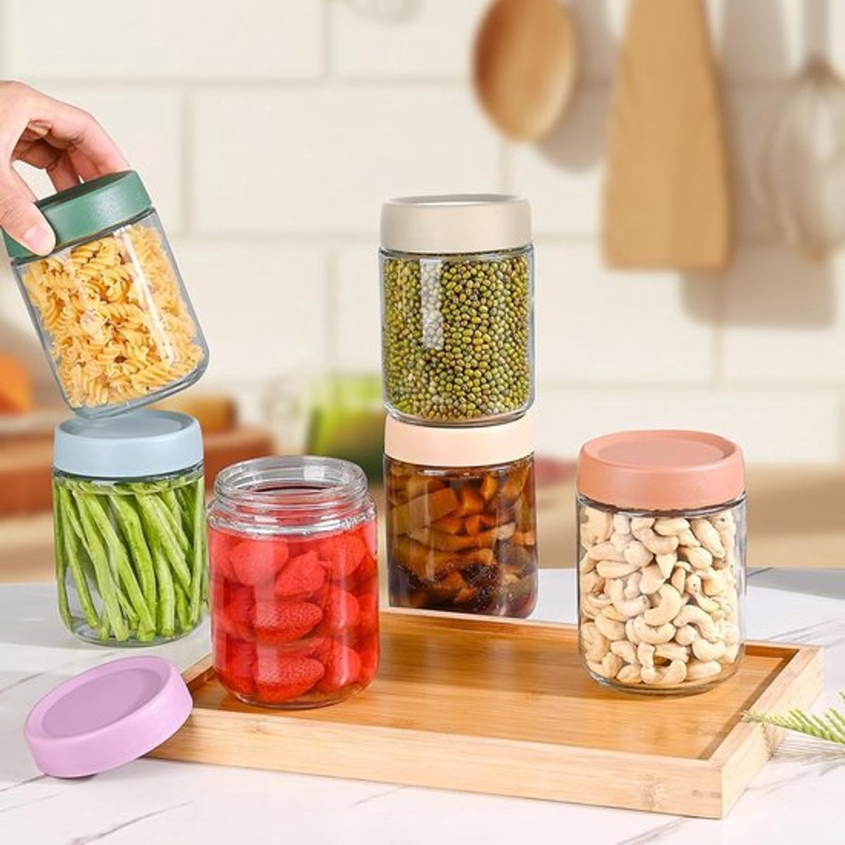 Candala Set van 6 havermoutpotten met deksels, glazen potten met luchtdichte deksels, potten met brede mond, 500 ml, glazen bewaarpotten voor restjes, snacks, yoghurt, kruiden en suiker (6 stuks)