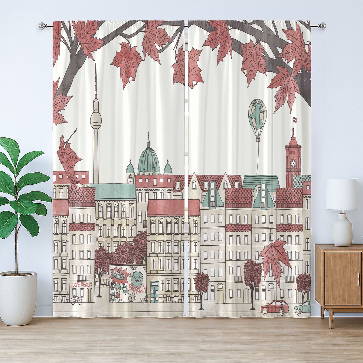 ABAKUHAUS Duitse rustieke gordijnen, herfstseizoen in Berlijn, universele gordijnen met lussen en haken voor de woonkamer, 280 x 260 cm, zalmgrijs