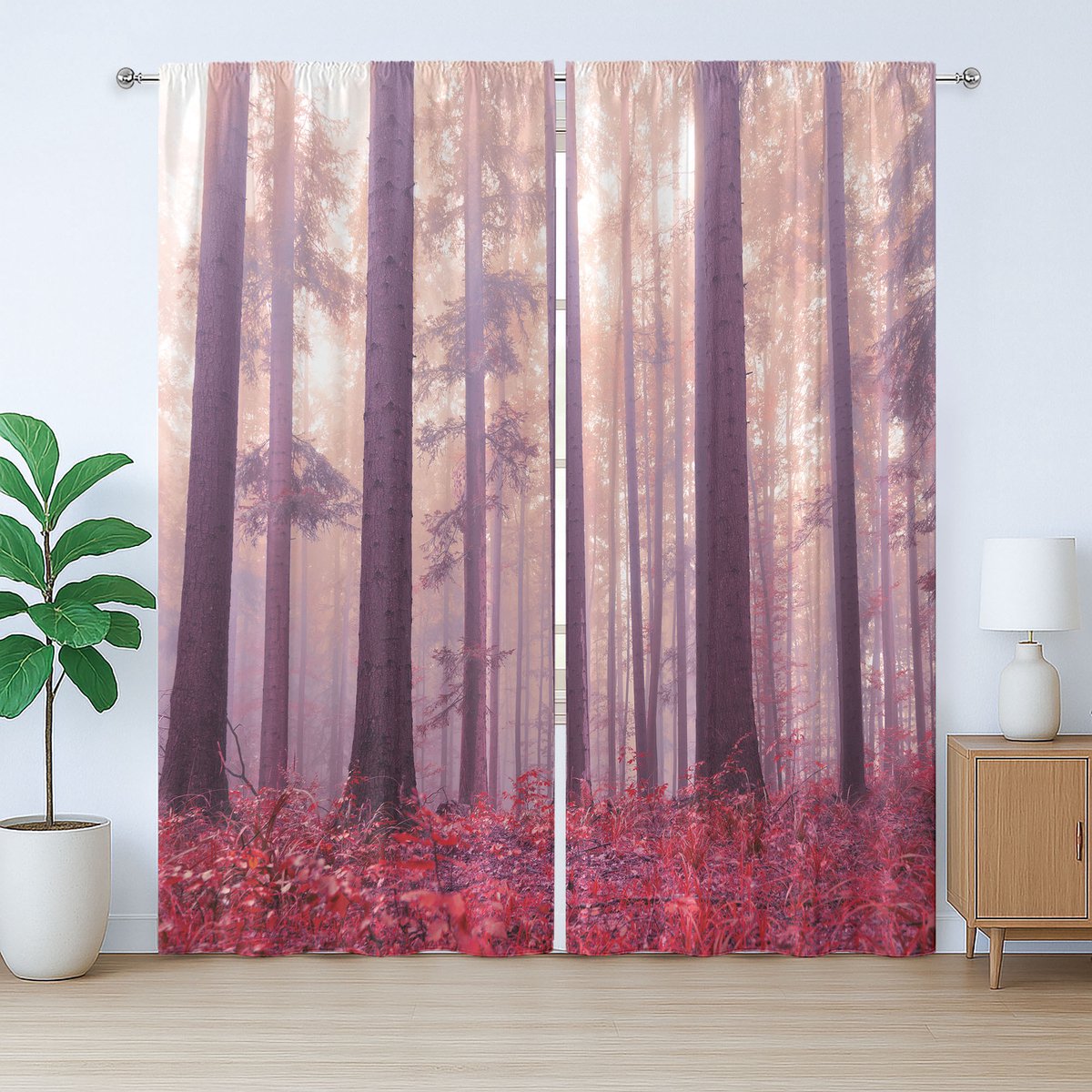 ABAKUHAUS Rustiek gordijn met bosmotief, bomen en mistig zonlicht, met lussen en haken voor de woonkamer, 280 x 245 cm, paars donker koraal