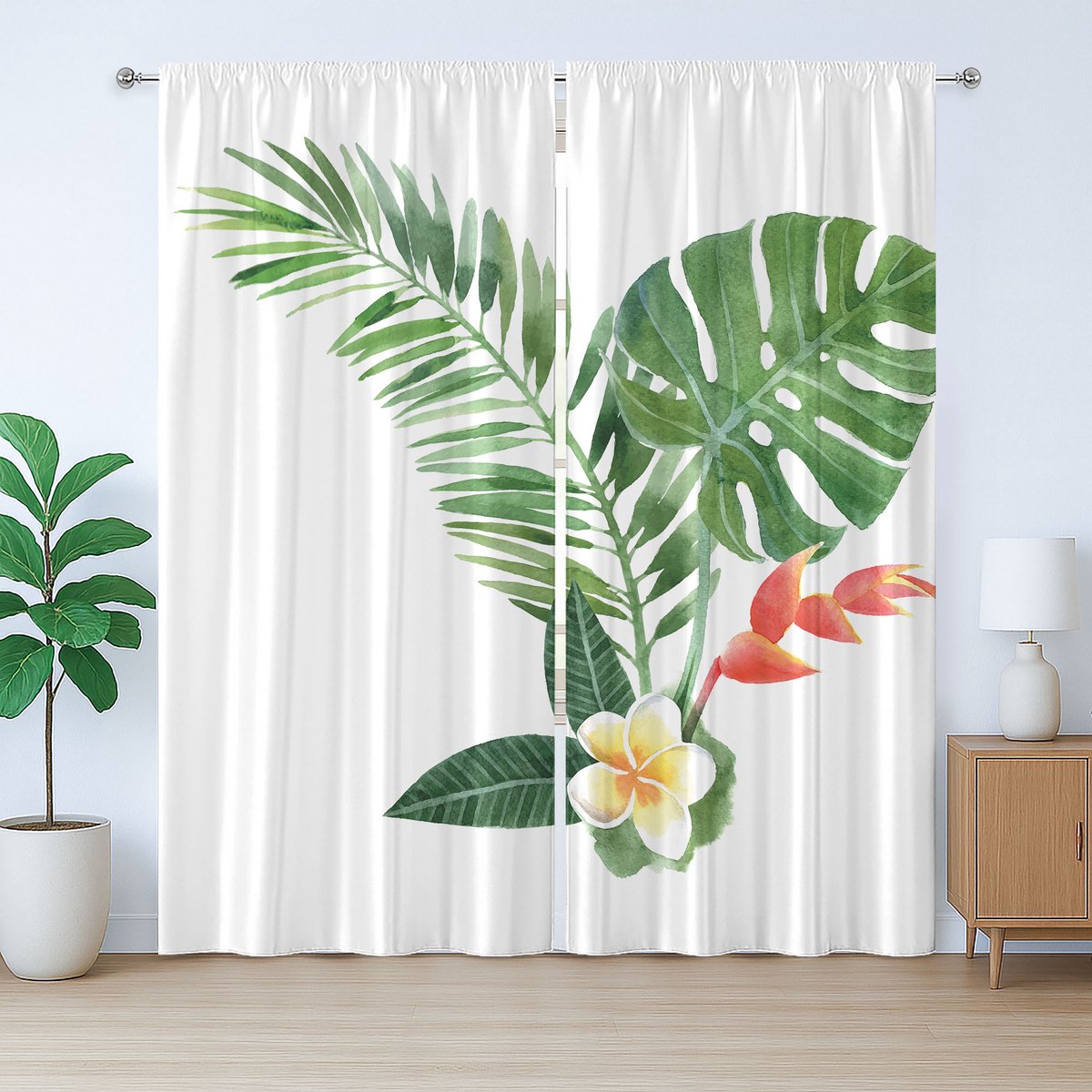 ABAKUHAUS Rustiek plantengordijn, bloeiende tropische varen, met lussen en haken voor de woonkamer, 280 x 245 cm, varen groen goudsbloem