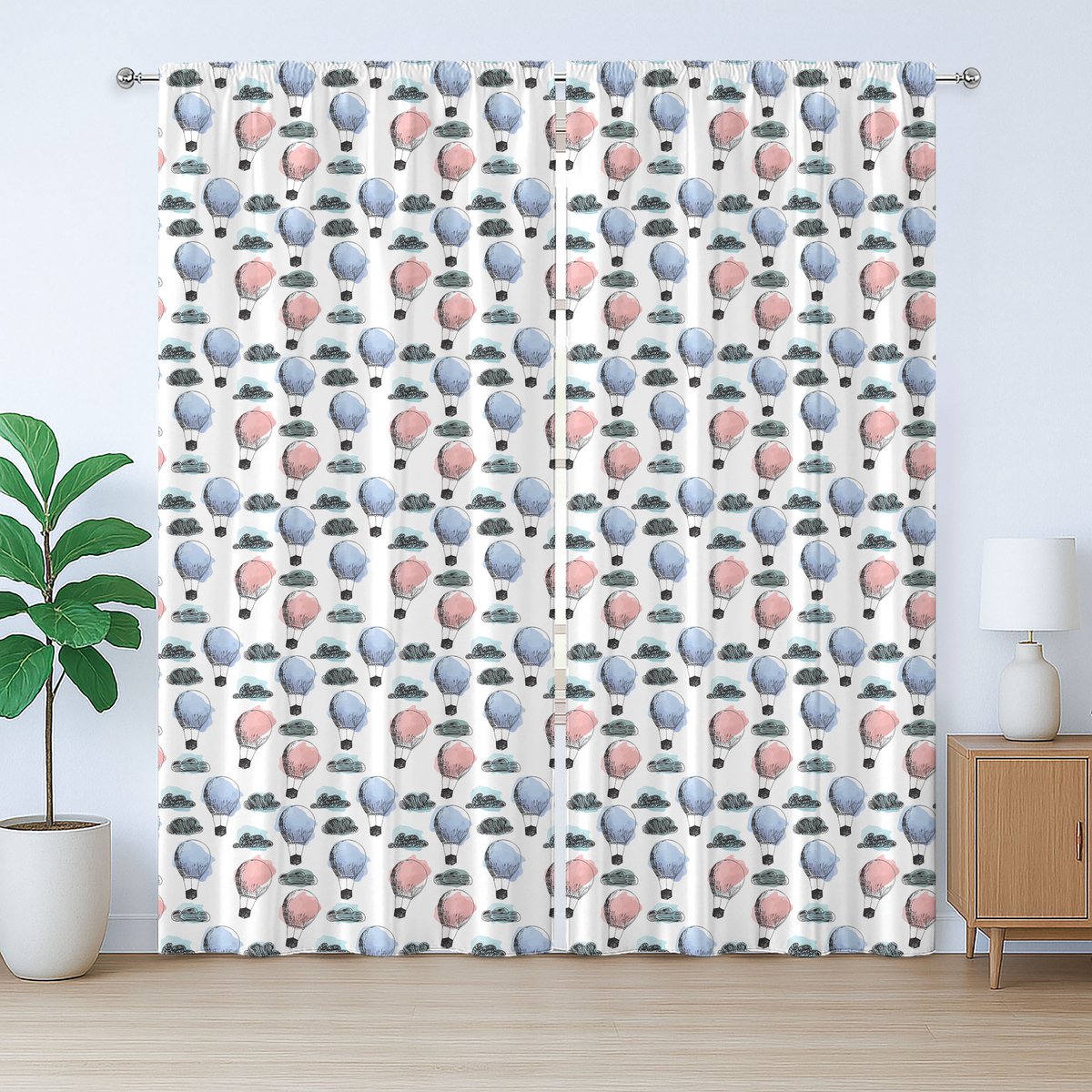 ABAKUHAUS Rustiek gordijn voor de kleuterschool, ballonnen in een luchtavontuur, met lussen en haken , 280 x 175 cm, plafondblauw, blush en wit