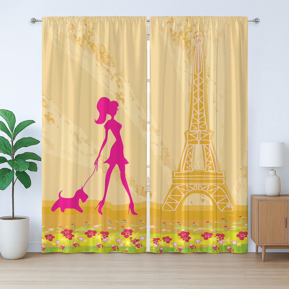 ABAKUHAUS Rustiek gordijn voor tienerkamer, roze meisje met hond Eiffeltoren, met lussen en haken voor de woonkamer, 280 x 175 cm, abrikoos en roze