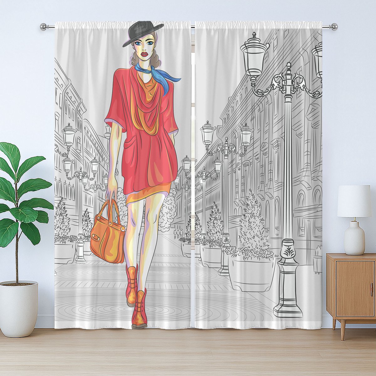ABAKUHAUS Rustiek Modegordijn, Moderne Stedelijke Streetmode, met Bandjes, Lussen en Haken voor de Woonkamer, 280 x 175 cm, Grijs Rood Oranje