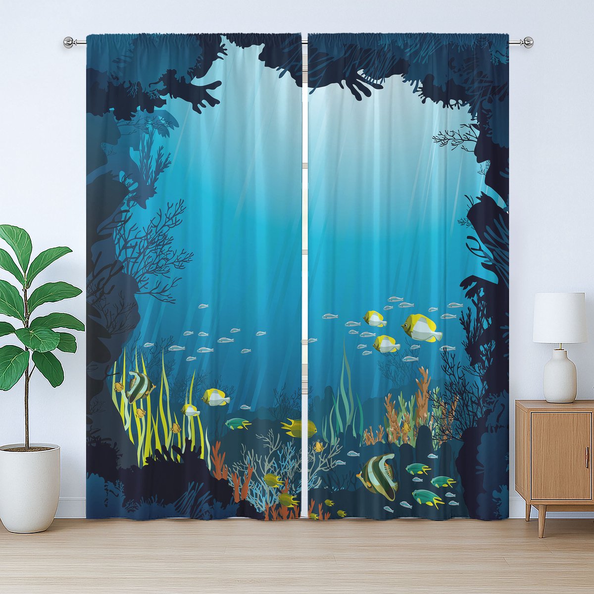 ABAKUHAUS Rustiek oceaangordijn, tropische vissen en riffen, met lussen en haken voor de woonkamer, 280 x 245 cm, donkerblauw