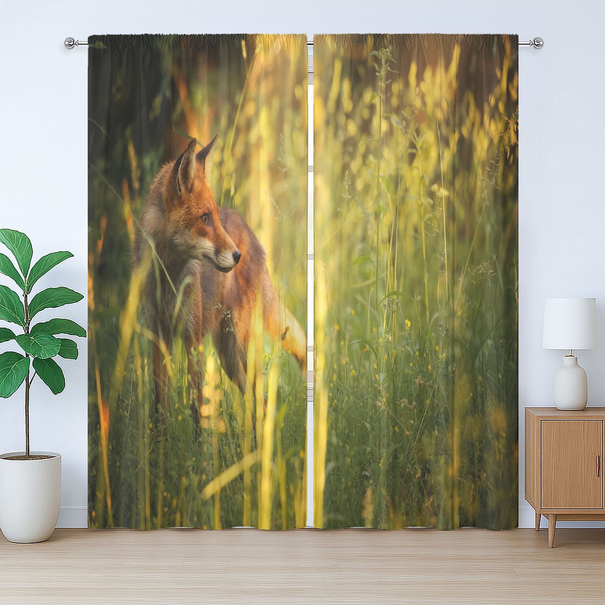 ABAKUHAUS Vos Rustiek Gordijn, Vosje Zoogdier Zomerbos, met Bandjes, Lussen en Haken voor de Woonkamer, 280 x 260 cm, Geel Groen Oranje