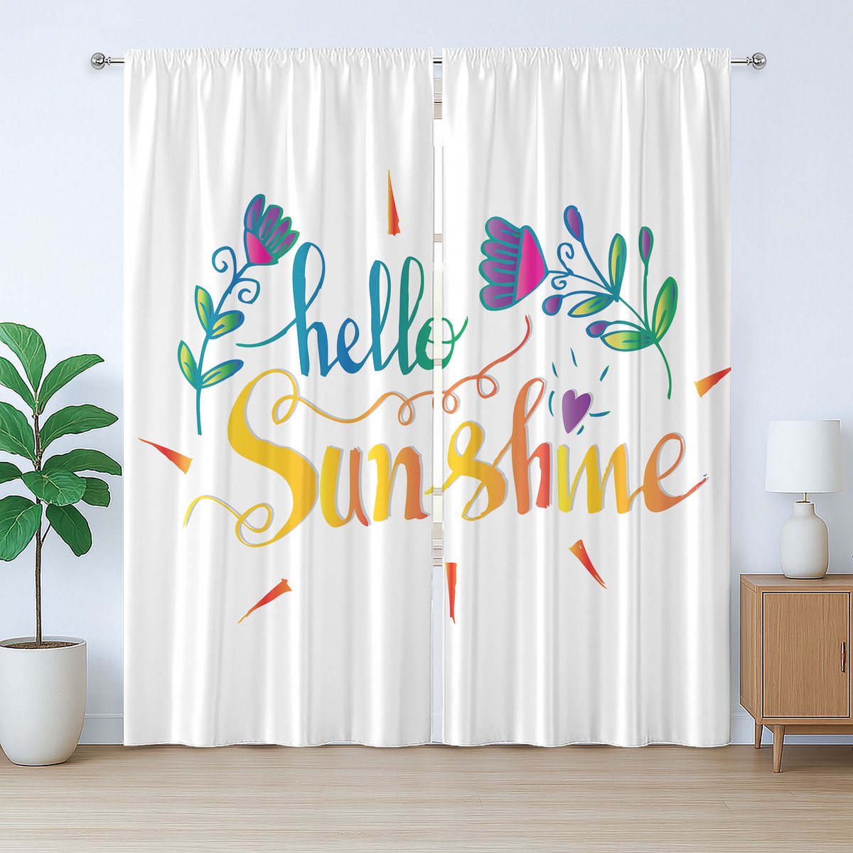 ABAKUHAUS Hello Sunshine Rustiek Gordijn, Bloemenmotief Hart, met Bandjes en Haakjes voor de Woonkamer, 280 x 225 cm, Multicolor