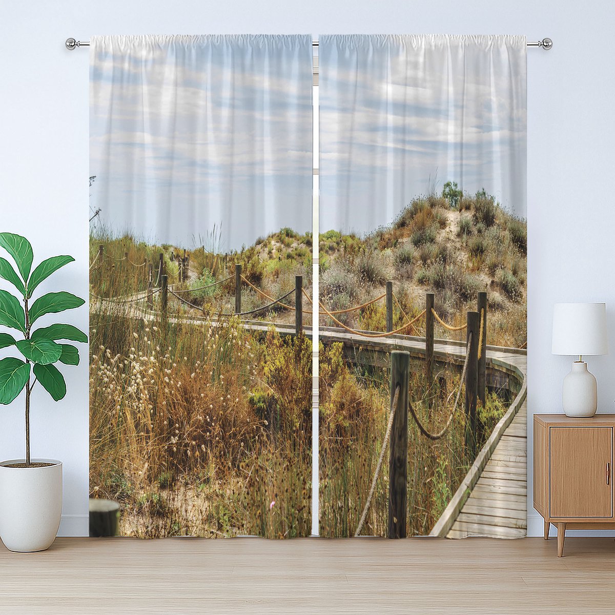 ABAKUHAUS Rustiek gordijn met strandpad, promenade in de duinen, slaapkamergordijn met plooien en haken, 280 x 260 cm, meerkleurig