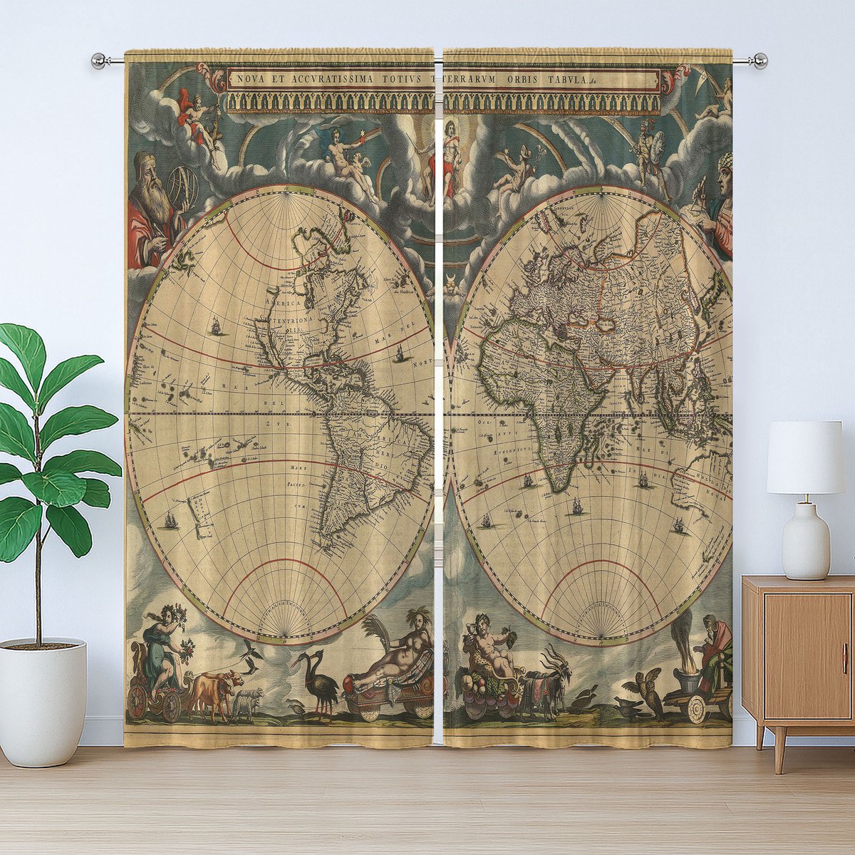 ABAKUHAUS Antiek rustiek gordijn, oude wereldkaart, slaapkamergordijn met plooien, lussen en haken, 280 x 175 cm, bruinbeige