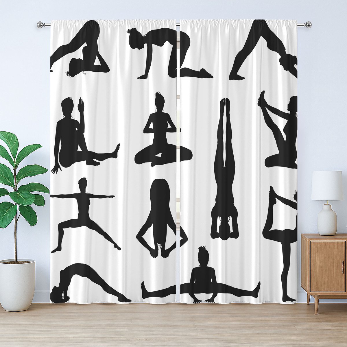 ABAKUHAUS Rustiek Yoga Gordijn, Asana's Vormen Wellness, met Bandjes voor de Woonkamer, met Lussen en Haken, 280 x 225 cm, Wit Zwart