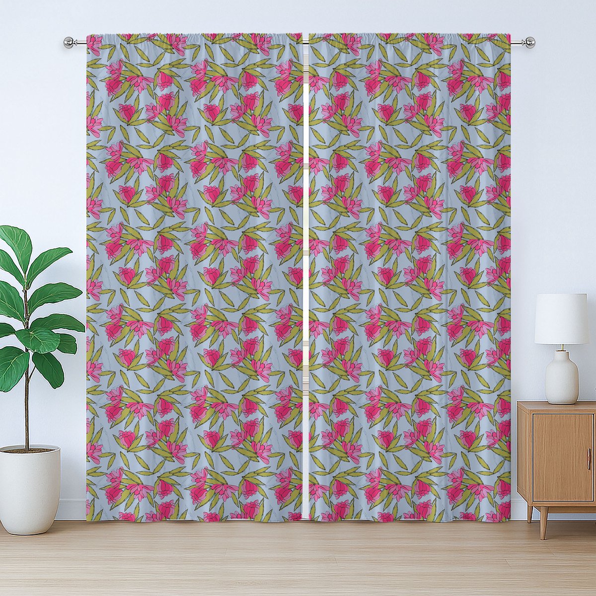 ABAKUHAUS Rustiek bloemengordijn, cartoonachtig bloemenpatroon, slaapkamergordijn met lussen en haken, 280 x 260 cm, plafond blauw groen roze