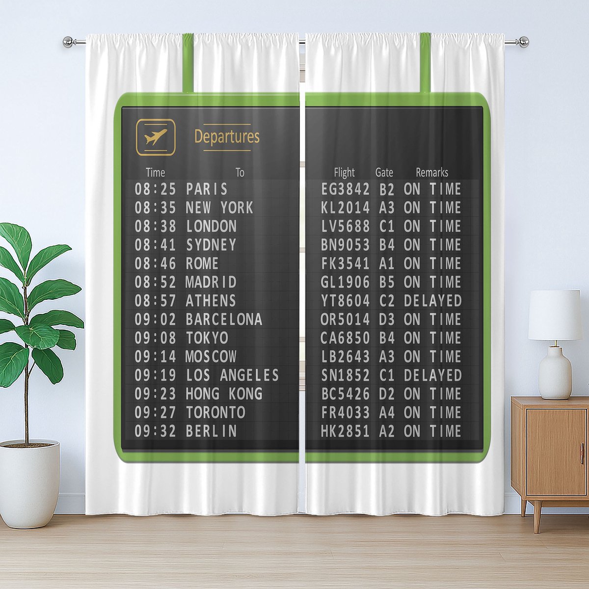 ABAKUHAUS Rustiek Luchthavengordijn, Vluchtlijst Vertrekbord, met Banden en Lussen voor de Woonkamer, 280 x 225 cm, Wit Coke Grijs
