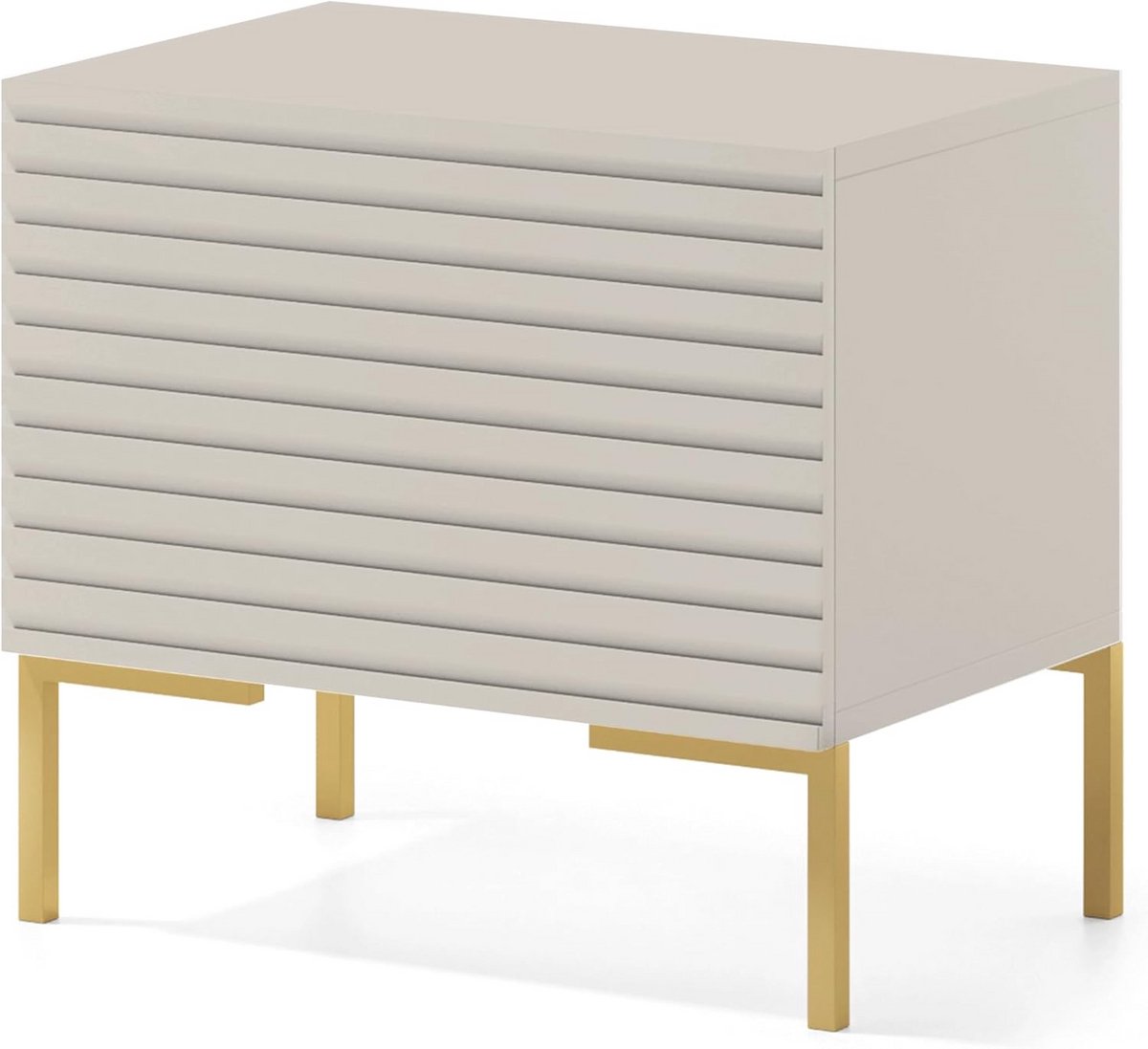 Nachtkastje met lamellenfront en goudkleurige poten, 46x44 cm, Beige Grijs
