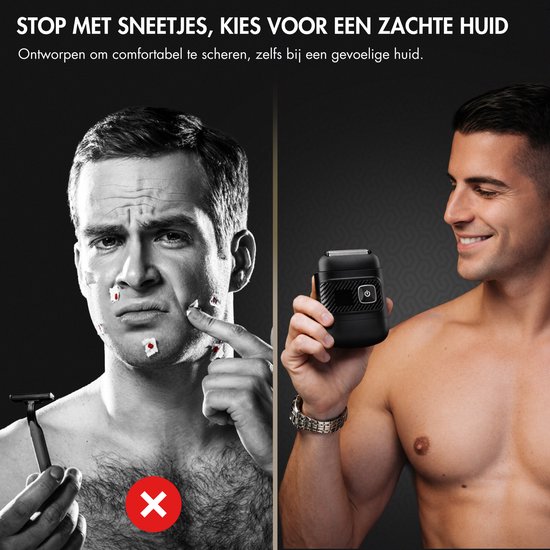 Linker helft: zwart-wit portret van man met scheerwondjes. Rechter helft: blije man met scheerapparaat, met zilveren horloge. Overgang van scheermes naar elektrisch.