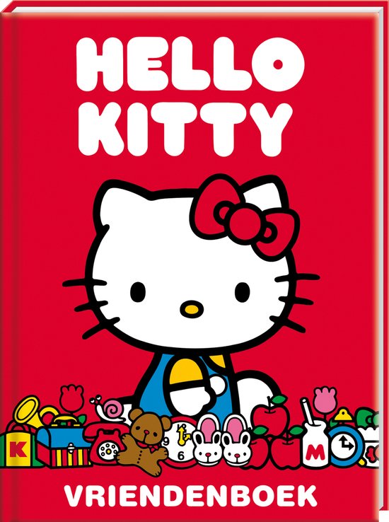 Carnet d'amis Hello Kitty rouge avec le texte 'CARNET D'AMIS' et Hello Kitty avec des jouets.