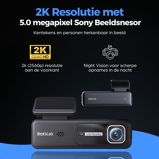 Zwarte dashcam met tekst "2K Resolutie met 5.0 megapixal Sony Beeldsnesor".