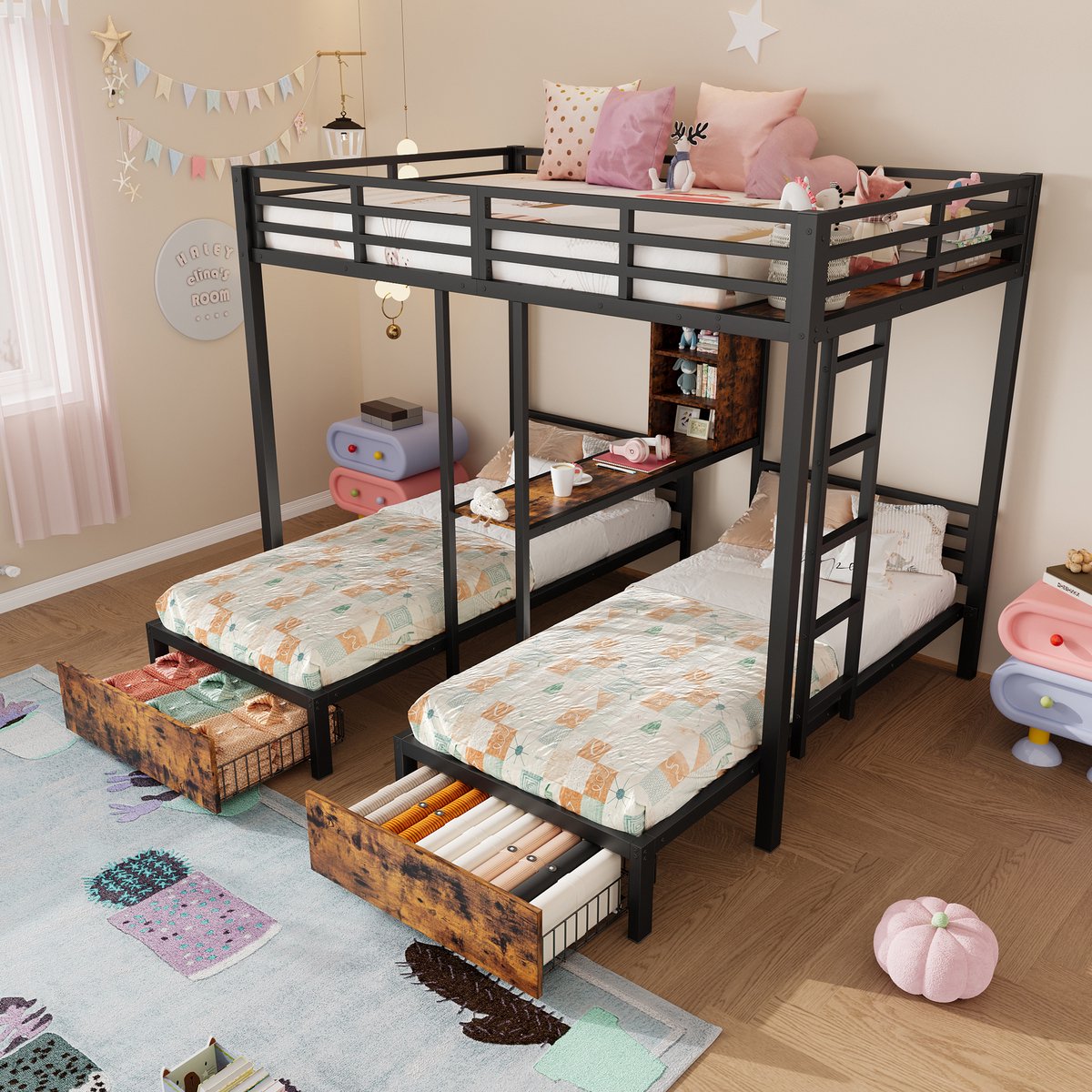MODFU Stapelbed – 3 slaapplaatsen – 140x200 cm + 90x200 cm – met veiligheidshekken, lades en planken – zwart