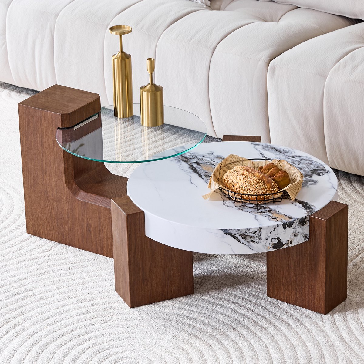 STILVORA Salontafelset - Deelbaar 2-Niveaus Design - Voor Woonkamer En Balkon - MDF Walnootlook;Wit Marmerlook Met Glas - 61x30 Cm