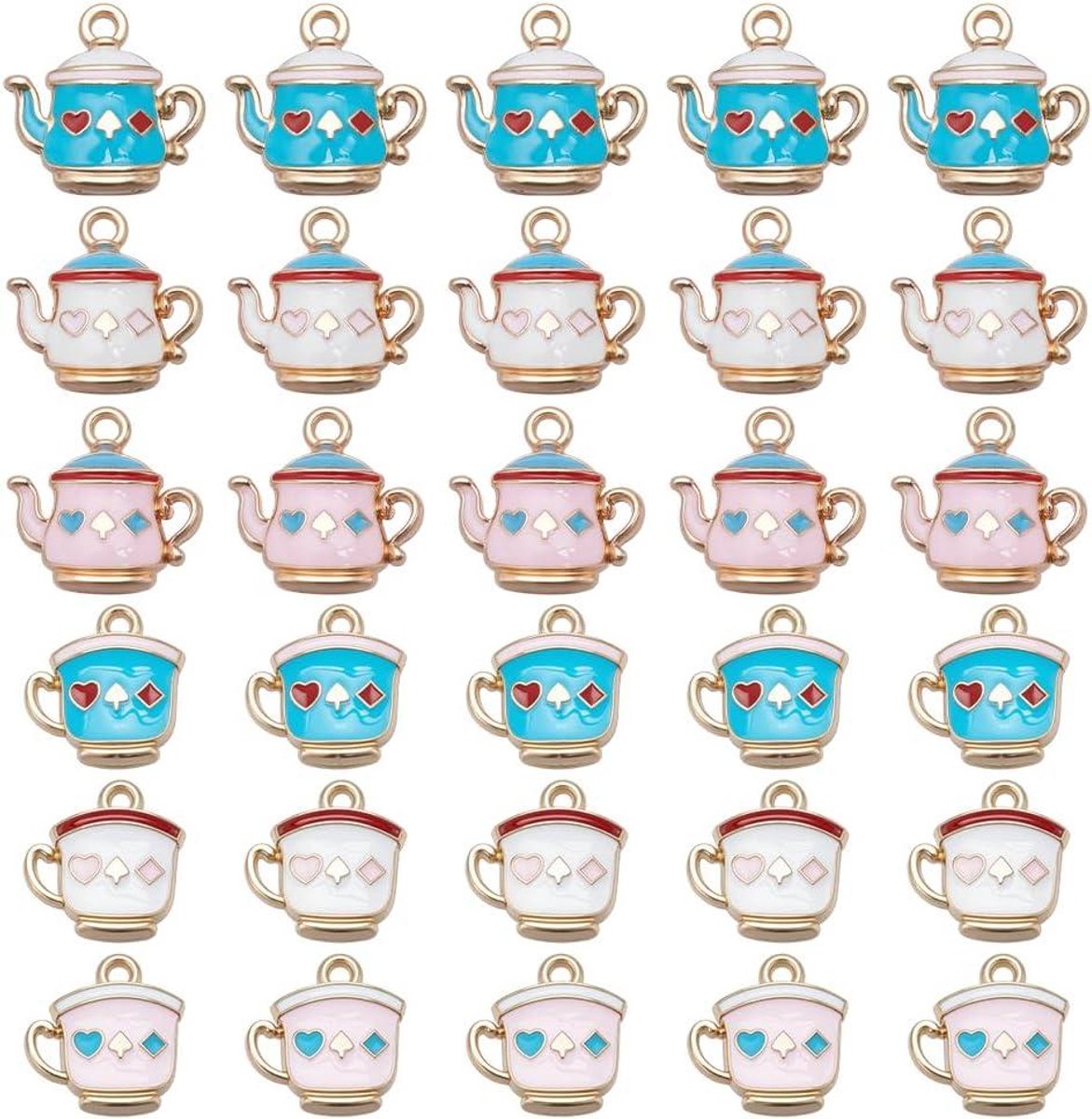 Allecto- Theepot Charms - Metalen Koffie Thee Waterkoker Pot Hanger - Legering Emaille Theepot Kralen Voor Ketting Armband DIY Ambachten Sieraden Maken Valentijn - Geschikt voor Theeliefhebbers - 30 Stuks 6 Stijlen Emaille Theepot Thee Cup
