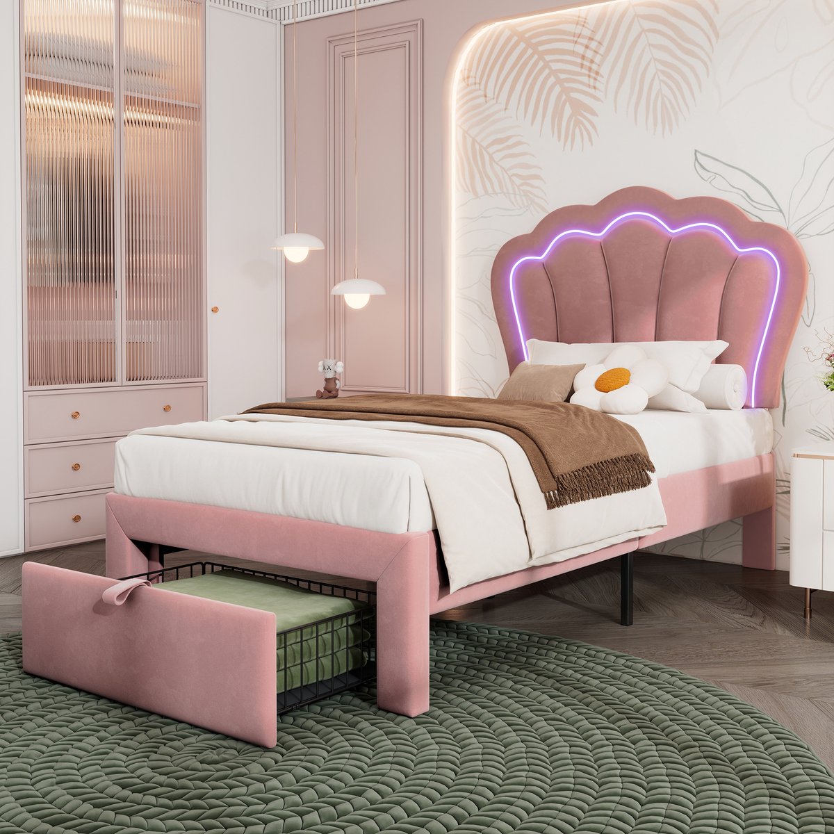 Wishdor Gestoffeerd Bed 90x190 cm – RGB-LED & Verstelbaar Hoofdbord – Opberglade – Roze Fluweel – Sfeervol