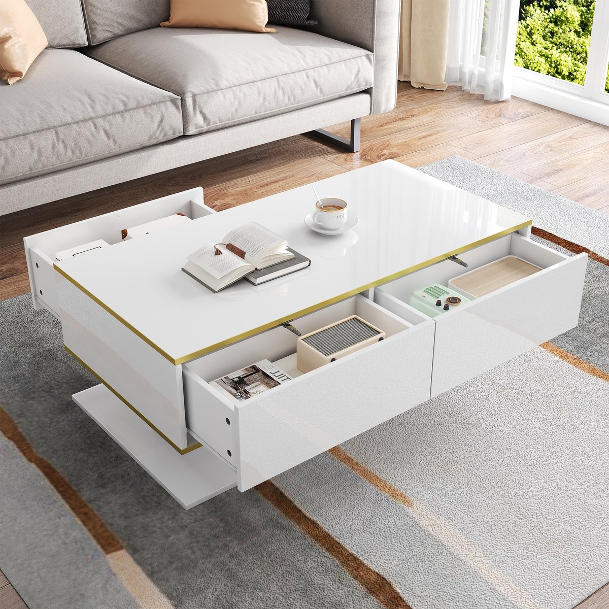 STILVORA Salontafel - Hoogglans Met Ledverlichting En 3 Lades - Met Usb Aansluiting Voor Woonkamer - Spaanplaat - Wit;Goud - 100x50x40 Cm