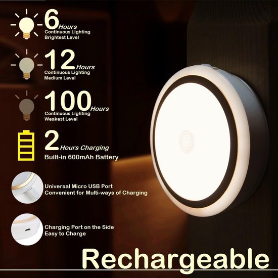 Nachtlampje - Touch Lamp Oplaadbaar - Dimbaar Nachtlampje - Met Timer 10 Min - LED Warm Wit 3000K - Draadloos Stick On Lamp - Kastverlichting - Baby en Kinderkamer - Geheugenfunctie van Merkloos — afbeelding 3