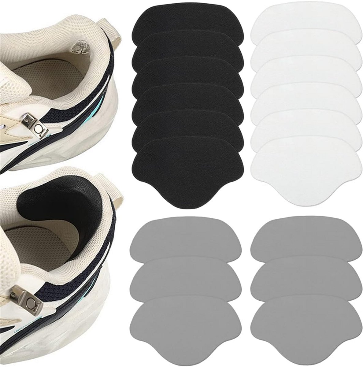 18x Zelfklevende Schoenreparatie Patches voor Hiel en Gaten - Reparatiekit voor Sneakers, Laarzen en Hakken (Zwart, Wit, Grijs)