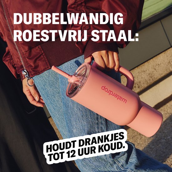 Waterdrop® Explorer Thermo Drinkbeker 1,1 L - 12 uur koud - Drinkbeker met rietje, handvat en lekvrij deksel - Perfect voor ijskoude dranken- zachtroze - Drinkfles - Waterfles