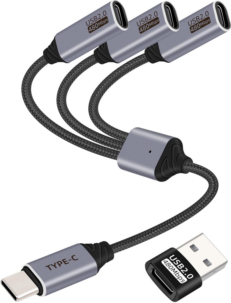 USB-C Splitter 1 naar 3 Poorten - Type C Hub Adapter voor Opladen en Data