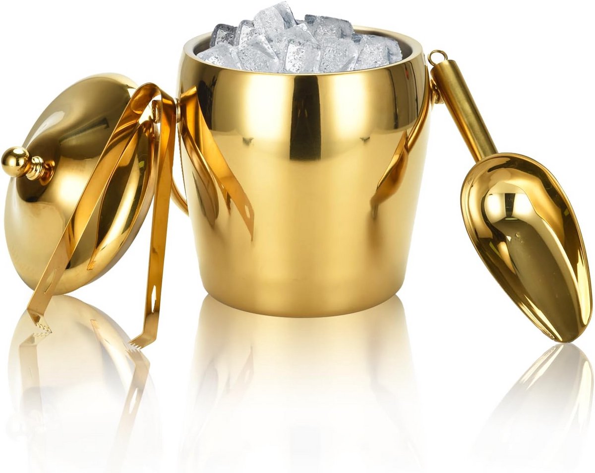 Rvs IJsemmer met Deksel en Tang - Grote Isemmer voor Champagne, Wijn en Feesten (Goud)