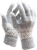 Grijze gebreide handschoenen met wit Noors patroon op de manchet en hand.
