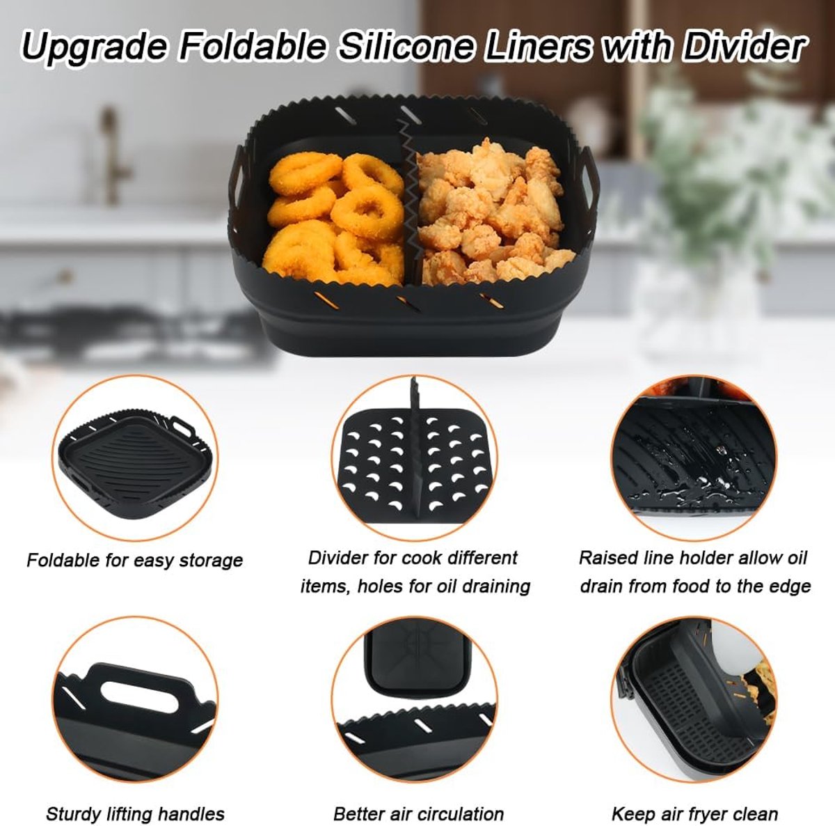 Luchtfriteuse Liner Siliconen met Verdeler, Vierkante Siliconen Luchtfriteuse Accessoires voor Ninja Speedi 5,7L / Cosori 5,5L/ Tefal/ Instant Vortex/ Philips Luchtfriteuse, 20,3 cm thumbnail 4