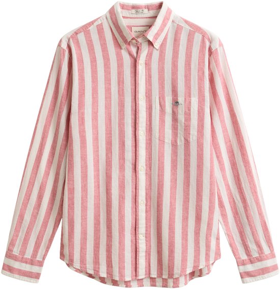 Heren overhemd met lange mouwen, roze en witte strepen, button-down kraag en borstzakje met logo.