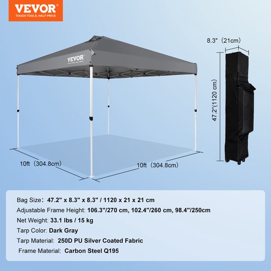 VEVOR Paviljoen 304,8x304,8x320cm Tuintent 250D PU Zilver Gecoate Stof Opvouwbaar Paviljoen Incl. Opbergtas Partytent 6-8 Personen Pop-Up Tent Opvouwbare Tent Tuinpaviljoen voor Kampeertrip van Vevor — afbeelding 5