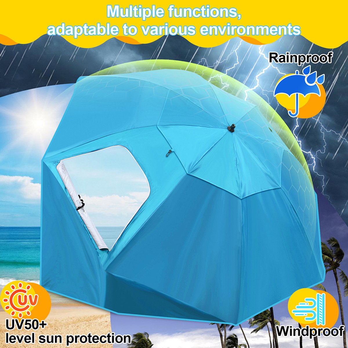 Parasol Strandparasols, Stokparasols en Balkonparasols met 210 cm Zonnenscherm, UV-bescherming 50+ - Inklapbaar, Waterafstotend, Grondpin en Draagtas Inclusief, Perfect voor Strand, Tuin en Balkon als Tuinparasol, Hemelsblauw – foto 7