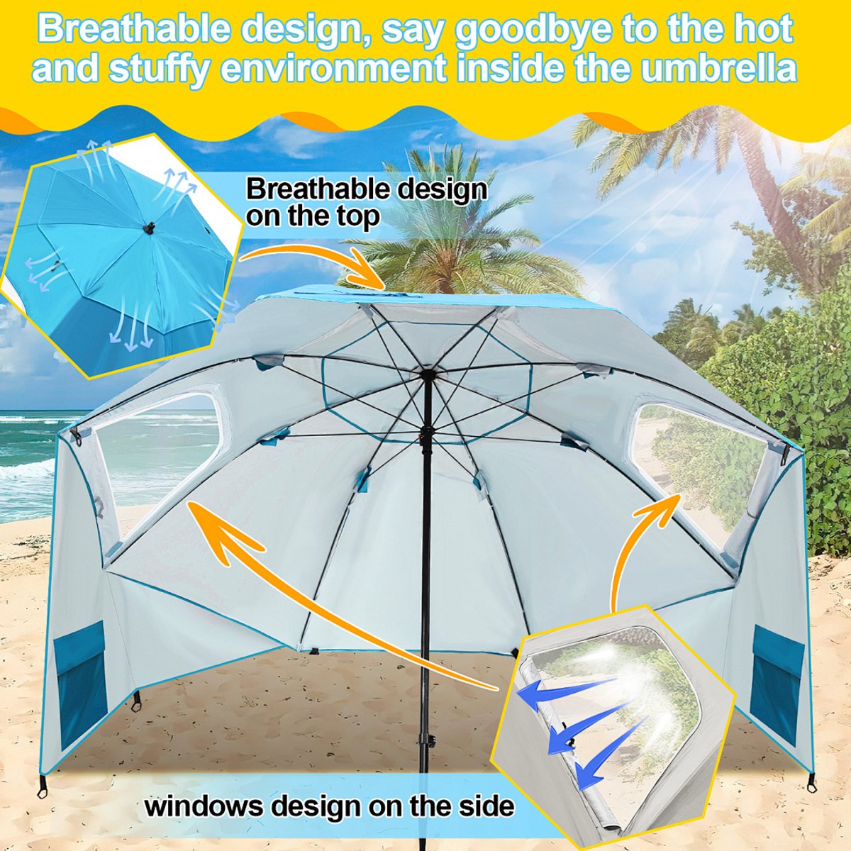Parasol Strandparasols, Stokparasols en Balkonparasols met 210 cm Zonnenscherm, UV-bescherming 50+ - Inklapbaar, Waterafstotend, Grondpin en Draagtas Inclusief, Perfect voor Strand, Tuin en Balkon als Tuinparasol, Hemelsblauw – foto 8