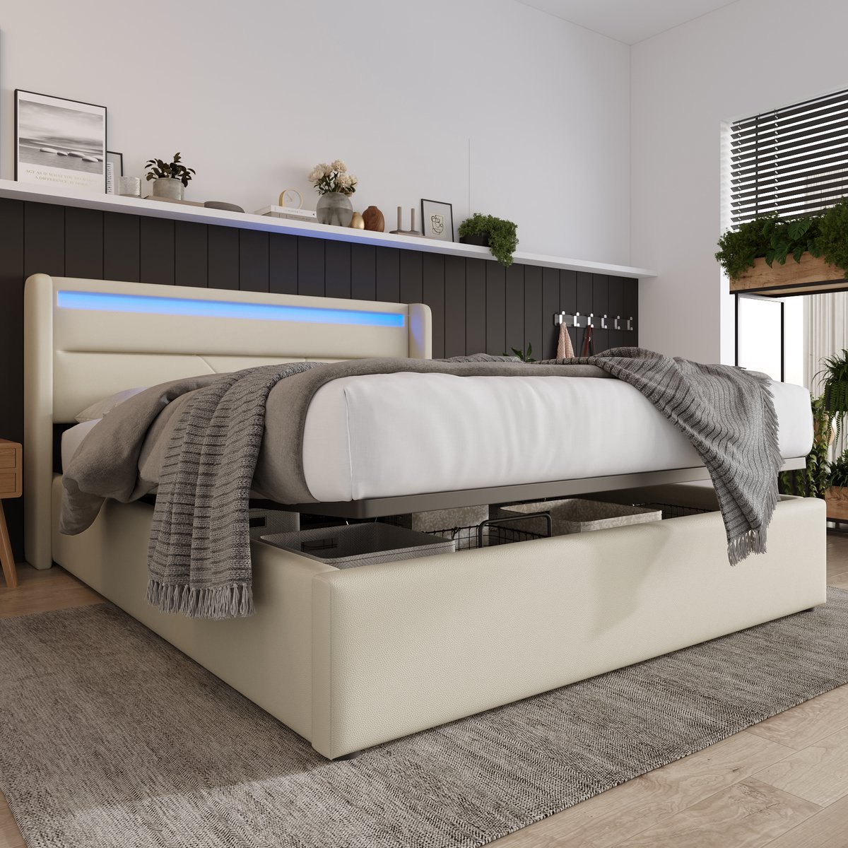 Wishdor Hydraulisch Opbergbed 140x200 cm – LED in Hoofdbord – PU – Wit