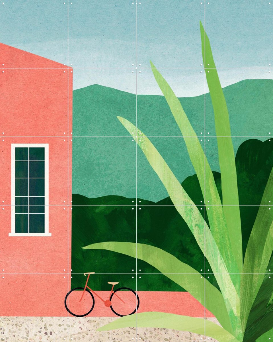 IXXI Bicycle Pink House, Henry Rivers - 80 x 100 cm - Gratis ophangtool - Grote wanddecoratie en posters - Illustraties, Kleurrijk, Natuur