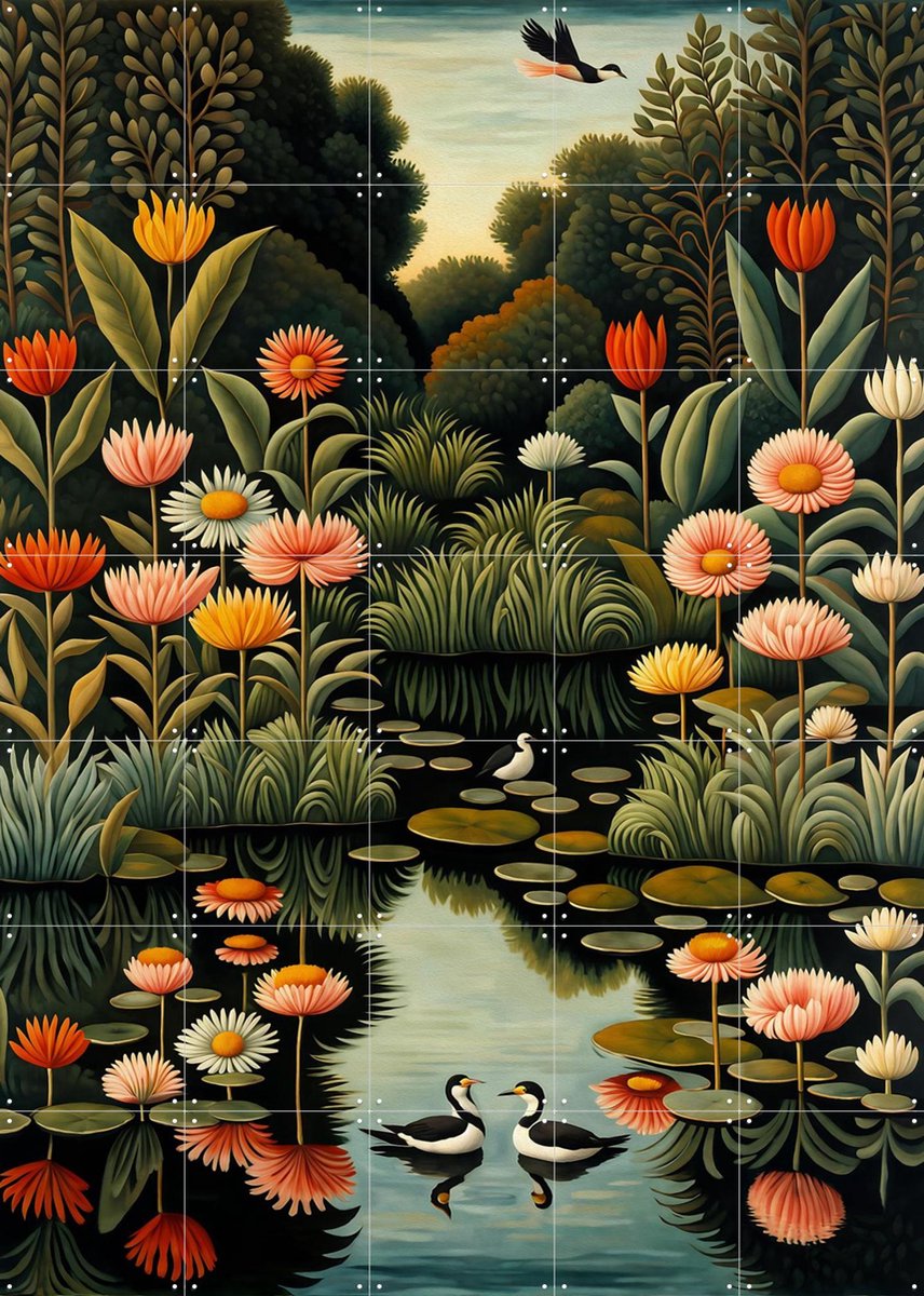 IXXI Birdsong Water Garden, Artclaud - 100 x 140 cm - Gratis ophangtool - Grote wanddecoratie en posters - Kleurrijk, Naturalisme, Grafisch Ontwerp