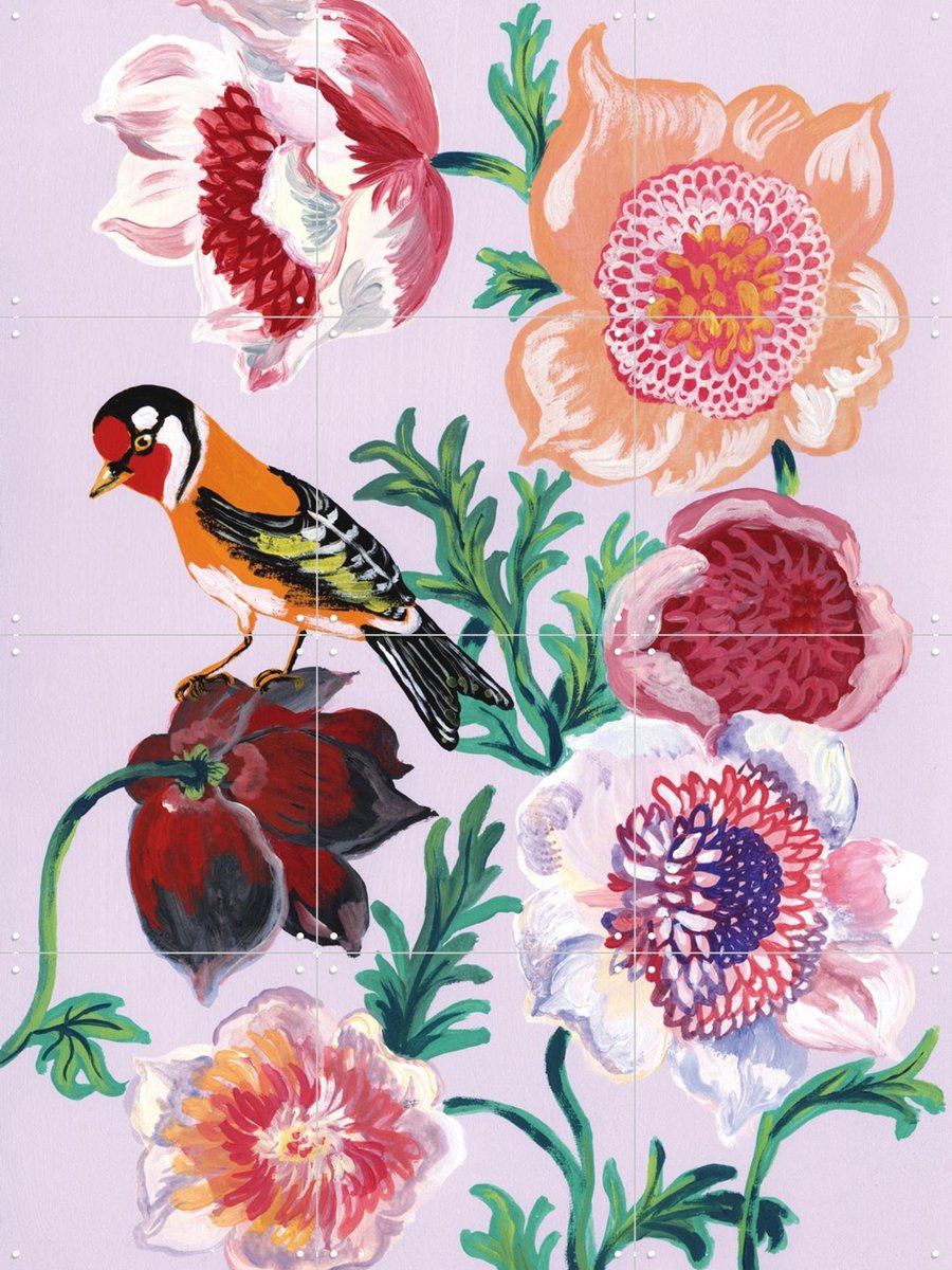 IXXI L’Oiseau et les Anémones, Nathalie Lété - 60 x 80 cm - Gratis ophangtool - Grote wanddecoratie en posters - Illustraties, Botanisch, Vogels