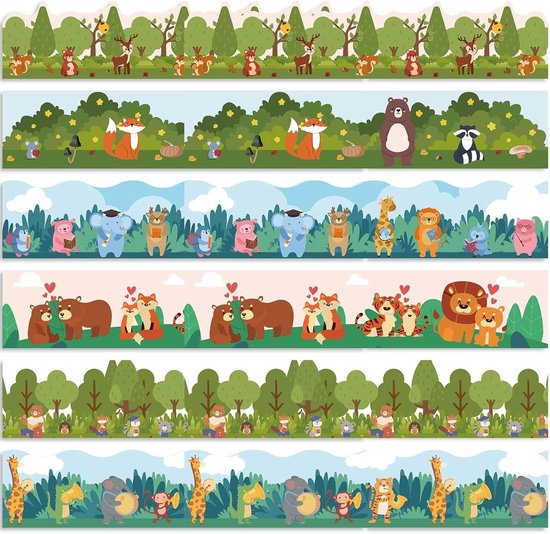 Foto: Allecto dieren zoo thema klaslokaal decoratie geschulpte randen dieren leeuw aap giraf zelfklevend geschikt voor school en thuis multi color 6 stuks zoo bulletin board grens stickers 70ft krijtbord schoolbord bureau muur decoratie 