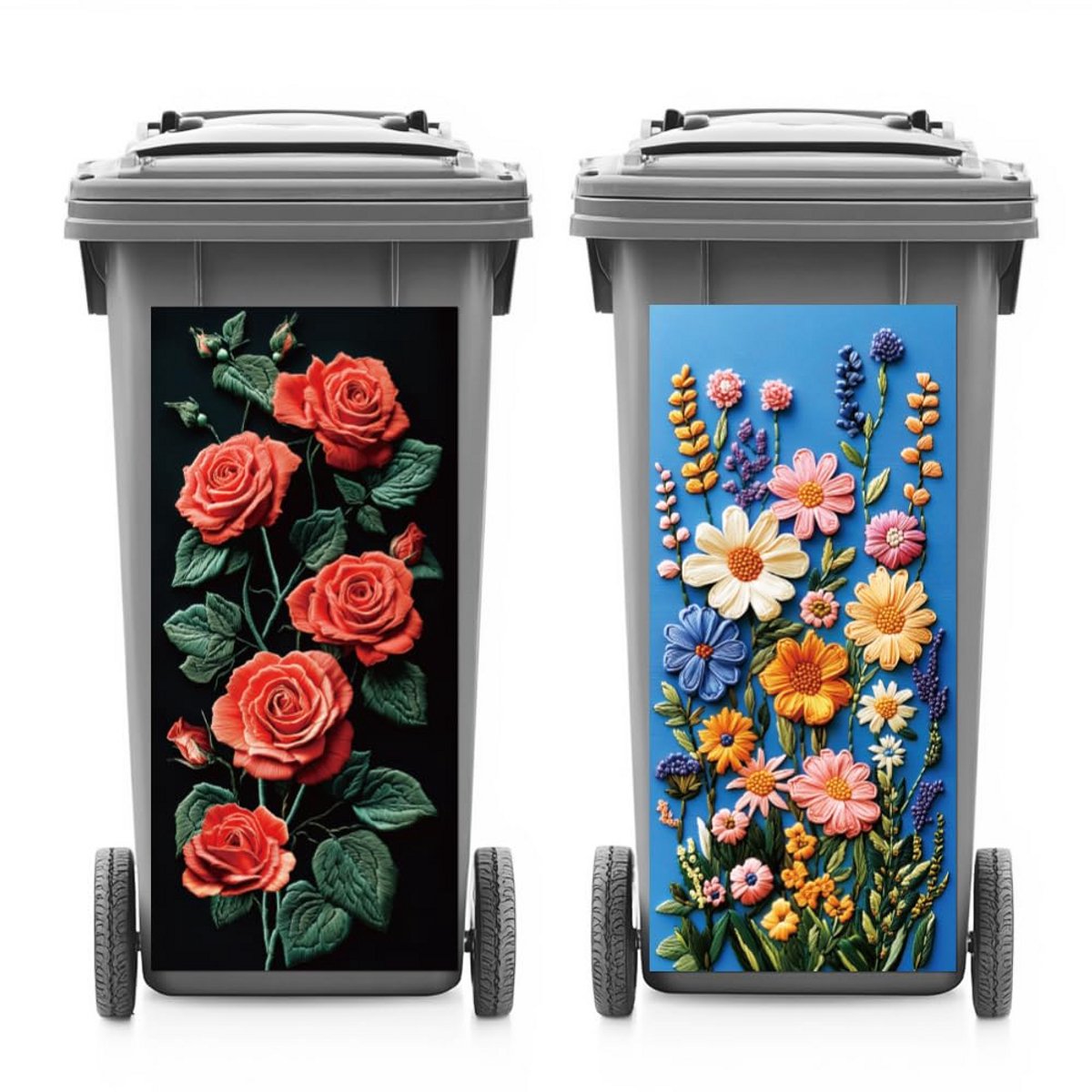 Grote decoratieve sticker met rozen en madeliefjes voor afvalcontainer, koelkast of muur