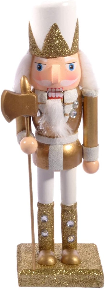 Houten Kerst Soldaten Notenkraker met Hellebaard 24 cm, Goud Wit Glitter