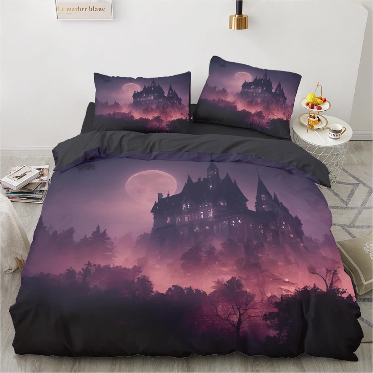 Halloween Beddengoed Set 135x200 cm - 3D Kasteel & Maan - Paars Gothic Thema - Zachte Micr