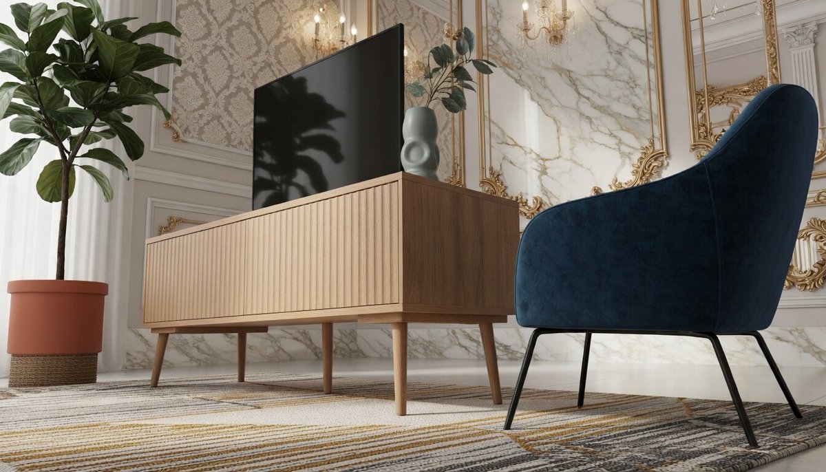 TV Meubel Casa Velluto RusticOak 160 cm – TV Kast met 4 Deuren – Eikenlook Media Meubel – Rustiek TV Rek voor Woonkamer, Slaapkamer of Studio – Melamine Opbergkast met Lange Houdbaarheid