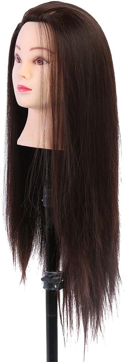 Oefenhoofd Haar - Mannequin Hoofd - Kappers Training - Hittebestendig Vezelhaar - 60cm Haar Lengte - Donkerbruin