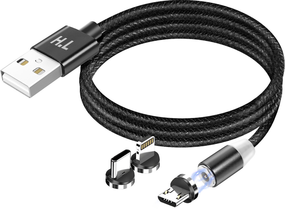 Avizar Magnetische 3-in-1 Kabel USB-C / Lightning / Micro-USB naar USB-A 1m, Zwart