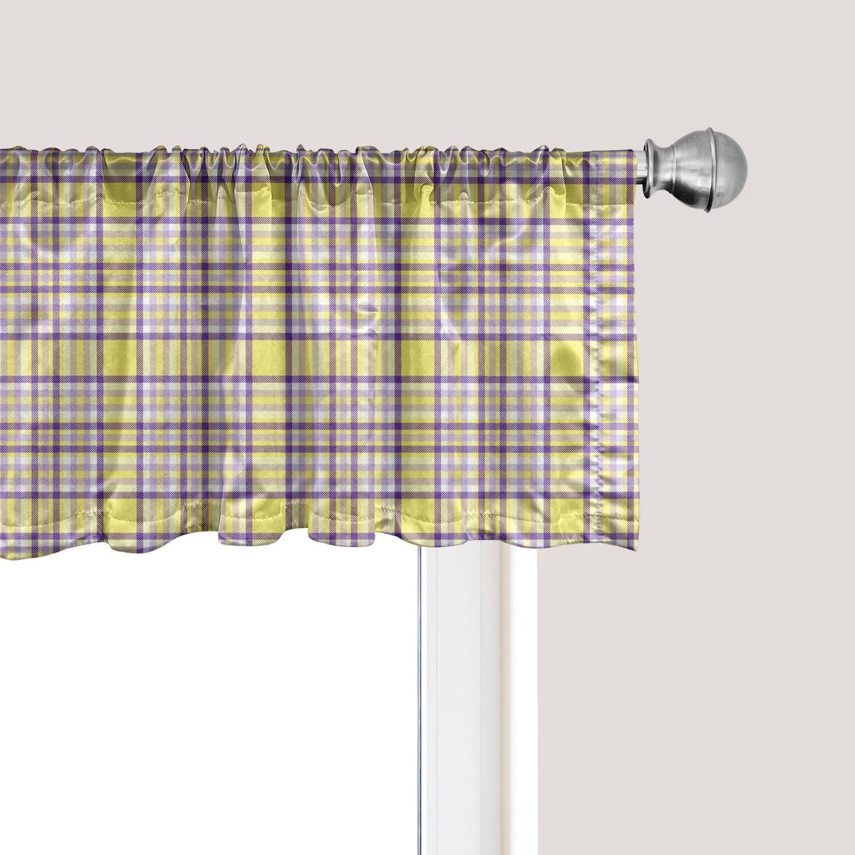 ABAKUHAUS Tartan raamvalletje, gordijnvalletje voor keuken en slaapkamer met tunnelzoom, 137 cm x 30 cm, pastelgeel en paars