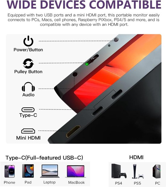UPERFECT Draagbare Gaming Monitor 16 Inch – 120 Hz, FHD 1080P, Met HDMI En USB-C, VESA-compatibel, Ultra-slim 0,19″