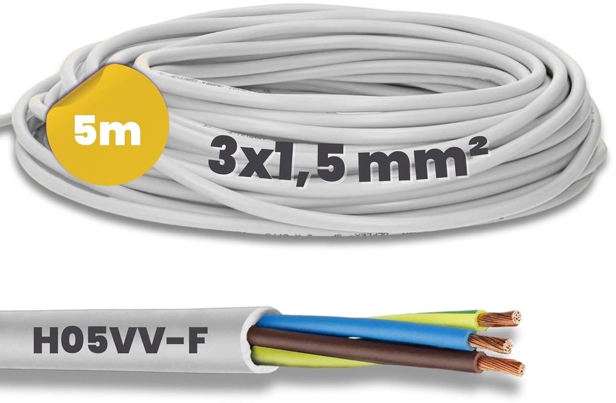 meter Kalitec H05VV-F flexibele kabel 3x1,5 mm² | 3G1,5 mm² stroomkabel met beschermingsgeleider | PVC-kabel voor binnengebruik | witte elektrische kabel | flexibele lampkabel | 3-aderige apparaatkabel