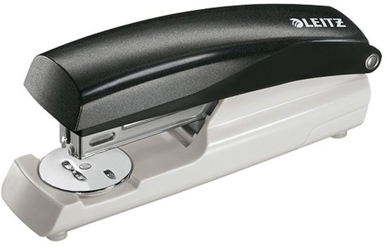 Zwarte Leitz nietmachine met witte onderkant en chroom draaiplateau.